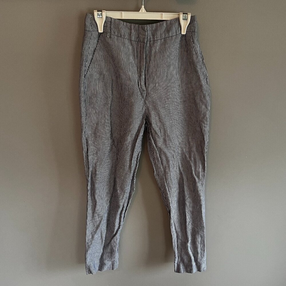 Zara Linen Blend Striped White & Blue Pants Pull On Size small Summer Nautical